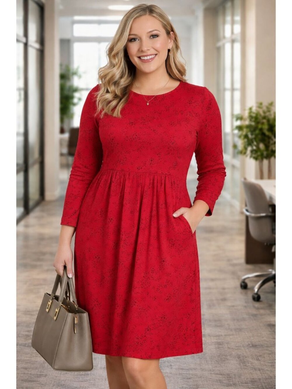 J. Jill Wearever Collection Red Floral Midi Dress 1X Long Sleeve Pleated Career